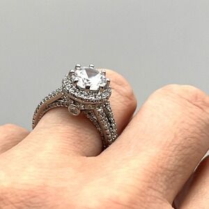 Moissanite Sterling Silver Halo Engagement Ring Round Cut Center Stone Size 6